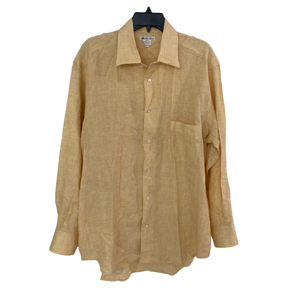 Men's VTG Loro Piana Linen Long Sleeve Shirt Orange Micro Check Size 2XL